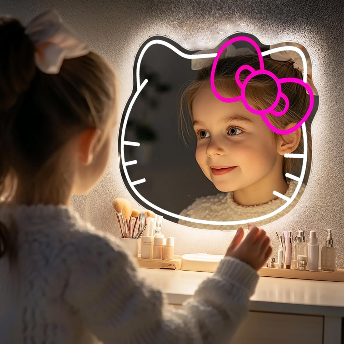 Mllum Anime Hello Kit Mirror Vanity Neon Sign, Cute Cat with Lights Stuff Room Decor, Dimmable Makeup Mirror for Teen Girl Gift Bedroom Room Decor 15.53 x 13.19 inch
