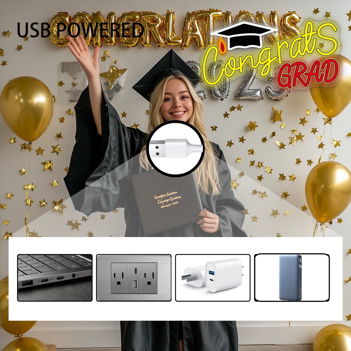 Mllum Congrats Grad Neon Sign with Cap Dimmable LED Light Up Sign Neon Light Background Wall Art Decoration Class of 2025 Celebrations Graduation Party Gifts USB Powered (Clear&UV Backboard)
