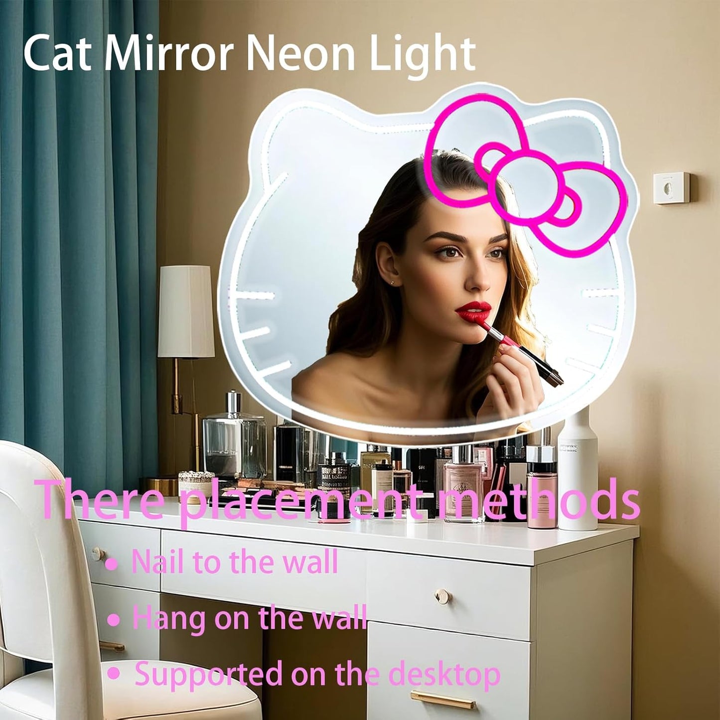 Mllum Anime Hello Kit Mirror Vanity Neon Sign, Cute Cat with Lights Stuff Room Decor, Dimmable Makeup Mirror for Teen Girl Gift Bedroom Room Decor 15.53 x 13.19 inch