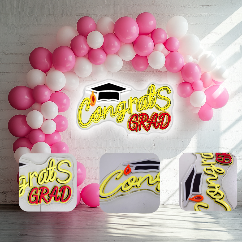 Mllum Congrats Grad Neon Sign with Cap Dimmable LED Light Up Sign Neon Light Background Wall Art Decoration Class of 2025 Celebrations Graduation Party Gifts USB Powered (Clear&UV Backboard)