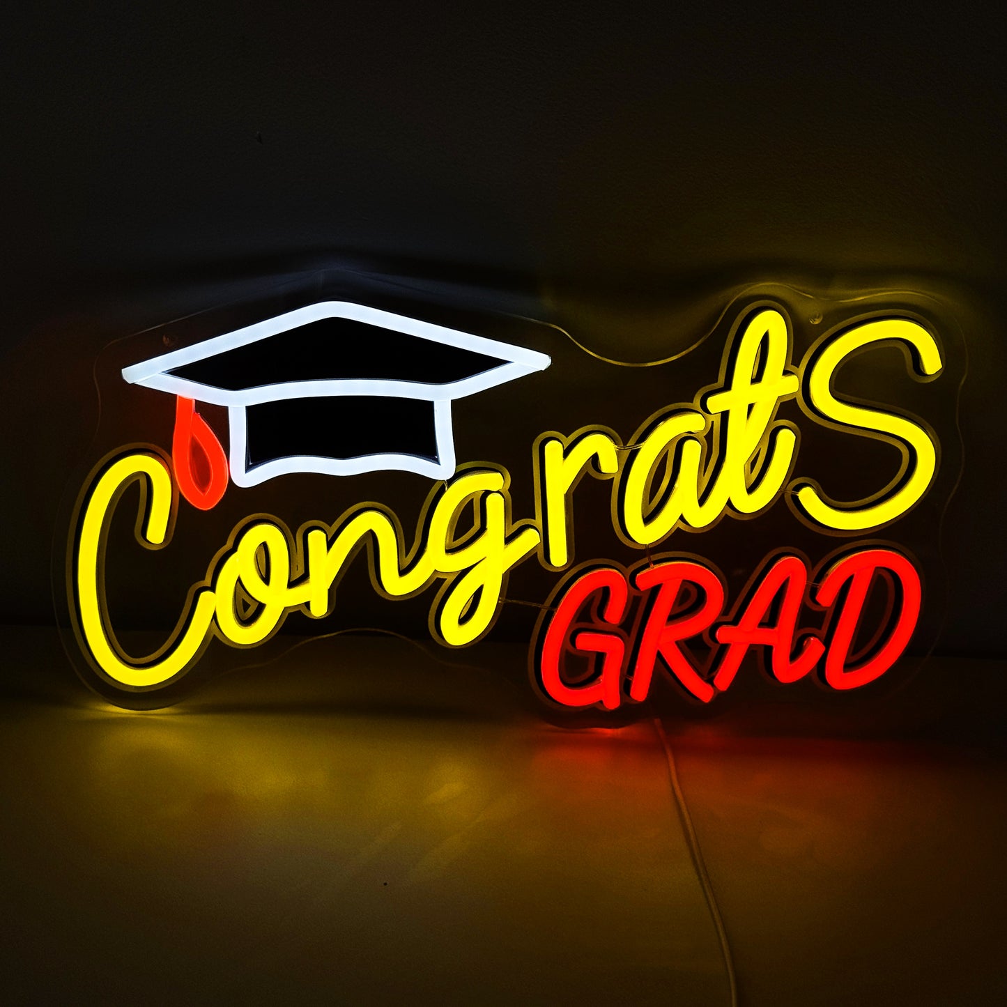 Mllum Congrats Grad Neon Sign with Cap Dimmable LED Light Up Sign Neon Light Background Wall Art Decoration Class of 2025 Celebrations Graduation Party Gifts USB Powered (Clear&UV Backboard)