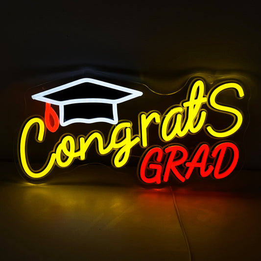 Mllum Congrats Grad Neon Sign with Cap Dimmable LED Light Up Sign Neon Light Background Wall Art Decoration Class of 2025 Celebrations Graduation Party Gifts USB Powered (Clear&UV Backboard)