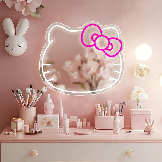 Mllum Anime Hello Kit Mirror Vanity Neon Sign, Cute Cat with Lights Stuff Room Decor, Dimmable Makeup Mirror for Teen Girl Gift Bedroom Room Decor 15.53 x 13.19 inch