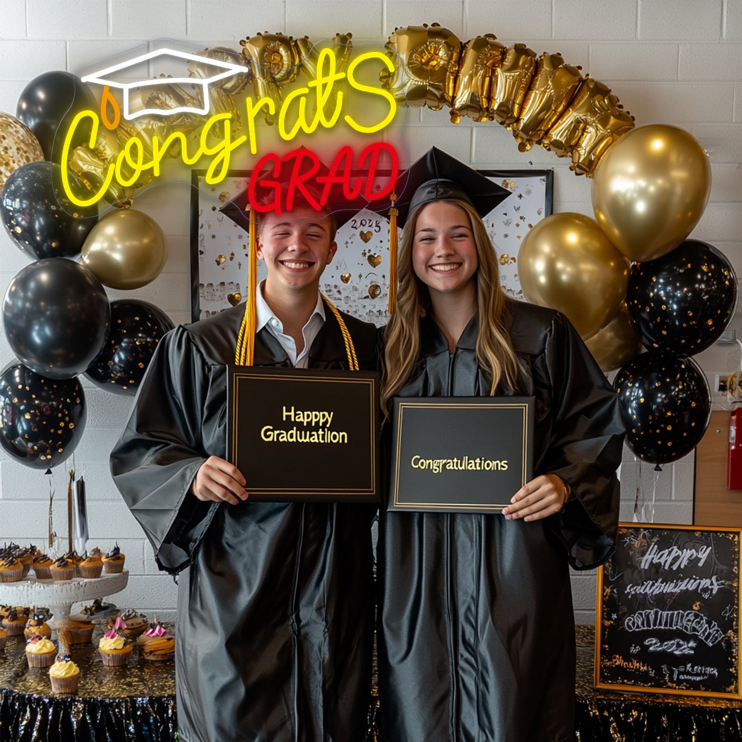 Mllum Congrats Grad Neon Sign with Cap Dimmable LED Light Up Sign Neon Light Background Wall Art Decoration Class of 2025 Celebrations Graduation Party Gifts USB Powered (Clear Backboard)