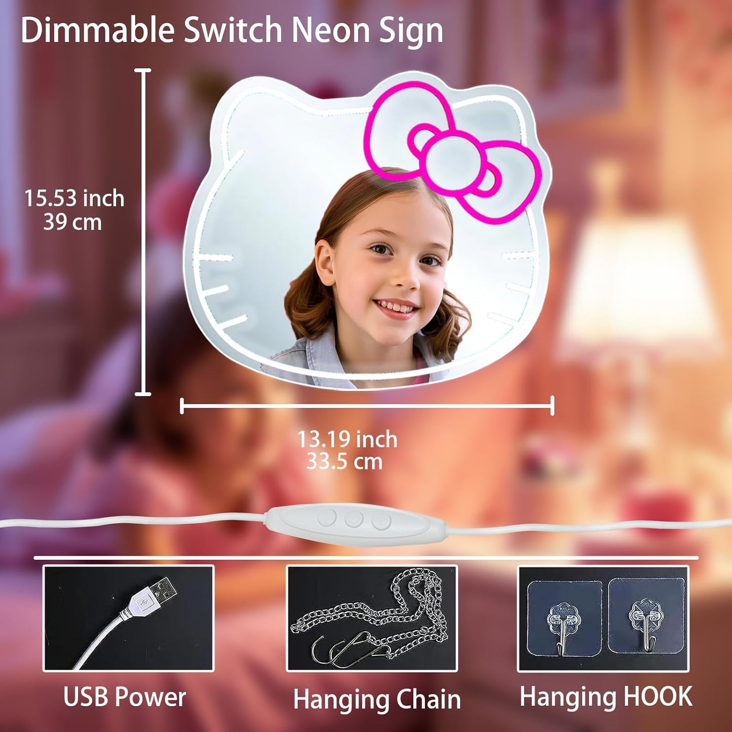 Mllum Anime Hello Kit Mirror Vanity Neon Sign, Cute Cat with Lights Stuff Room Decor, Dimmable Makeup Mirror for Teen Girl Gift Bedroom Room Decor 15.53 x 13.19 inch