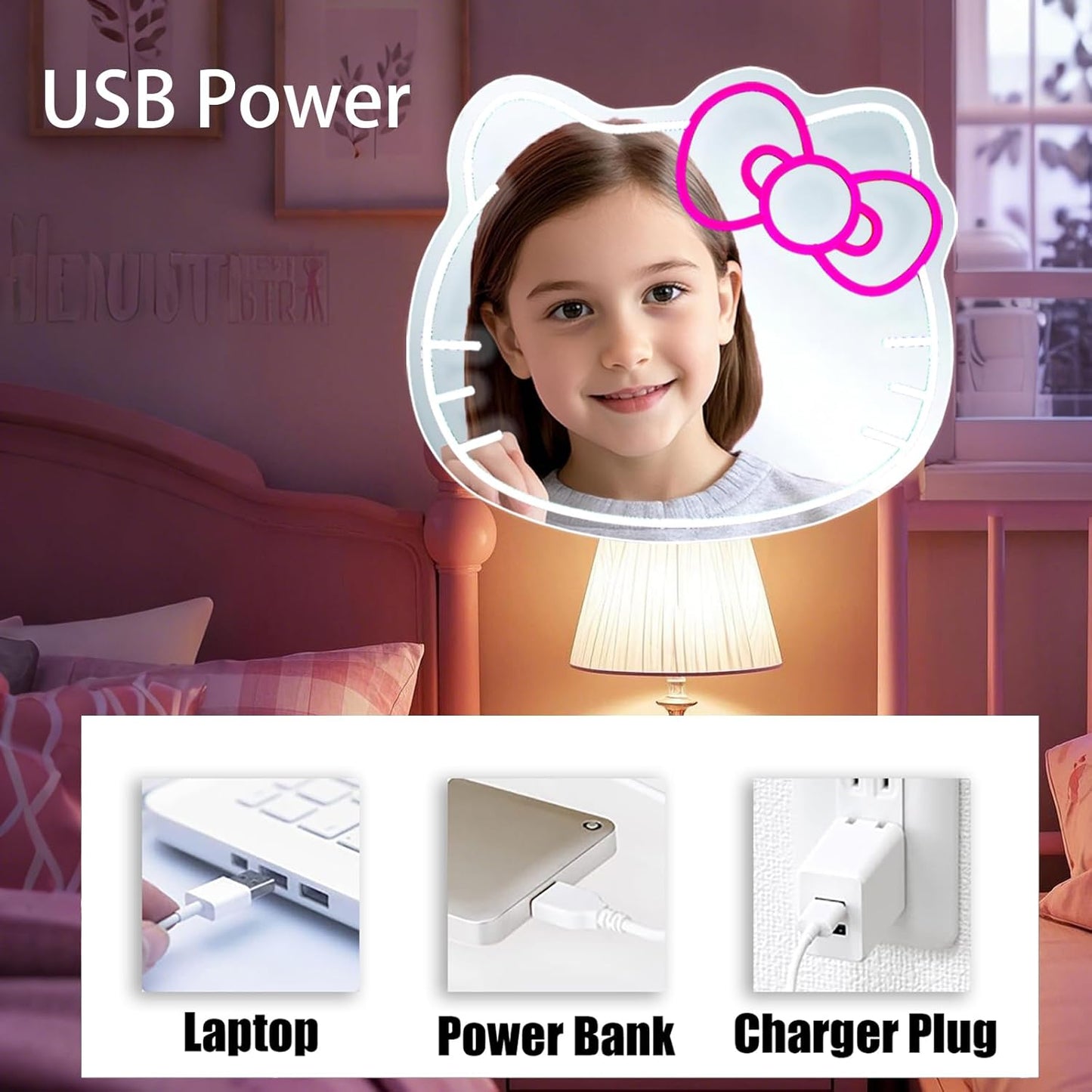 Mllum Anime Hello Kit Mirror Vanity Neon Sign, Cute Cat with Lights Stuff Room Decor, Dimmable Makeup Mirror for Teen Girl Gift Bedroom Room Decor 15.53 x 13.19 inch