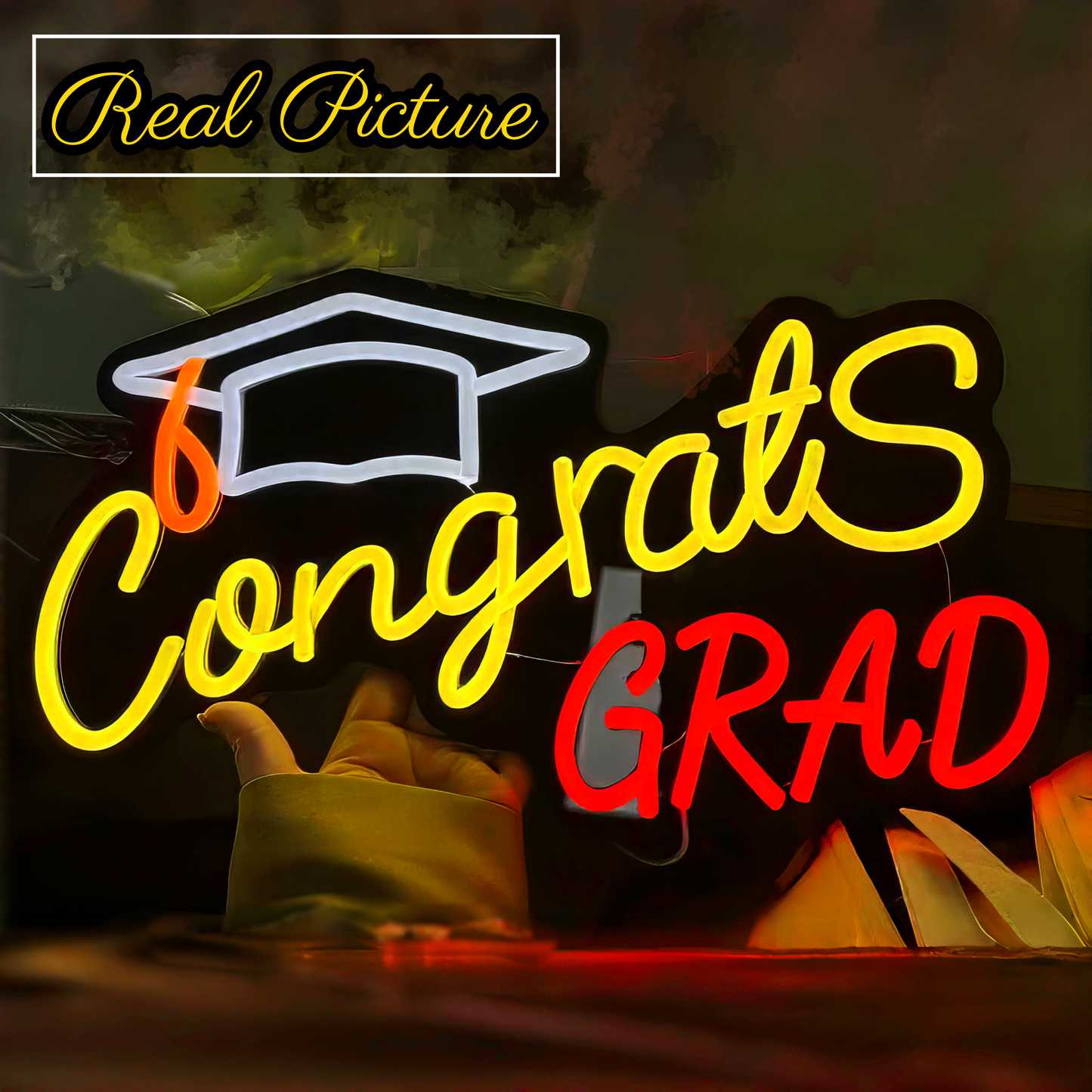 Mllum Congrats Grad Neon Sign with Cap Dimmable LED Light Up Sign Neon Light Background Wall Art Decoration Class of 2025 Celebrations Graduation Party Gifts USB Powered